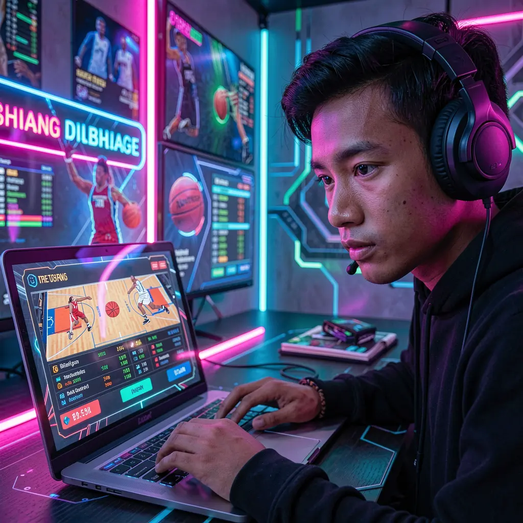 PHZZZ Bet – Enjoy smooth and modern sports betting in the Philippines Focused Filipino player using a laptop with live basketball betting options in a neon lit cyber casino setting powered by PHZZZ