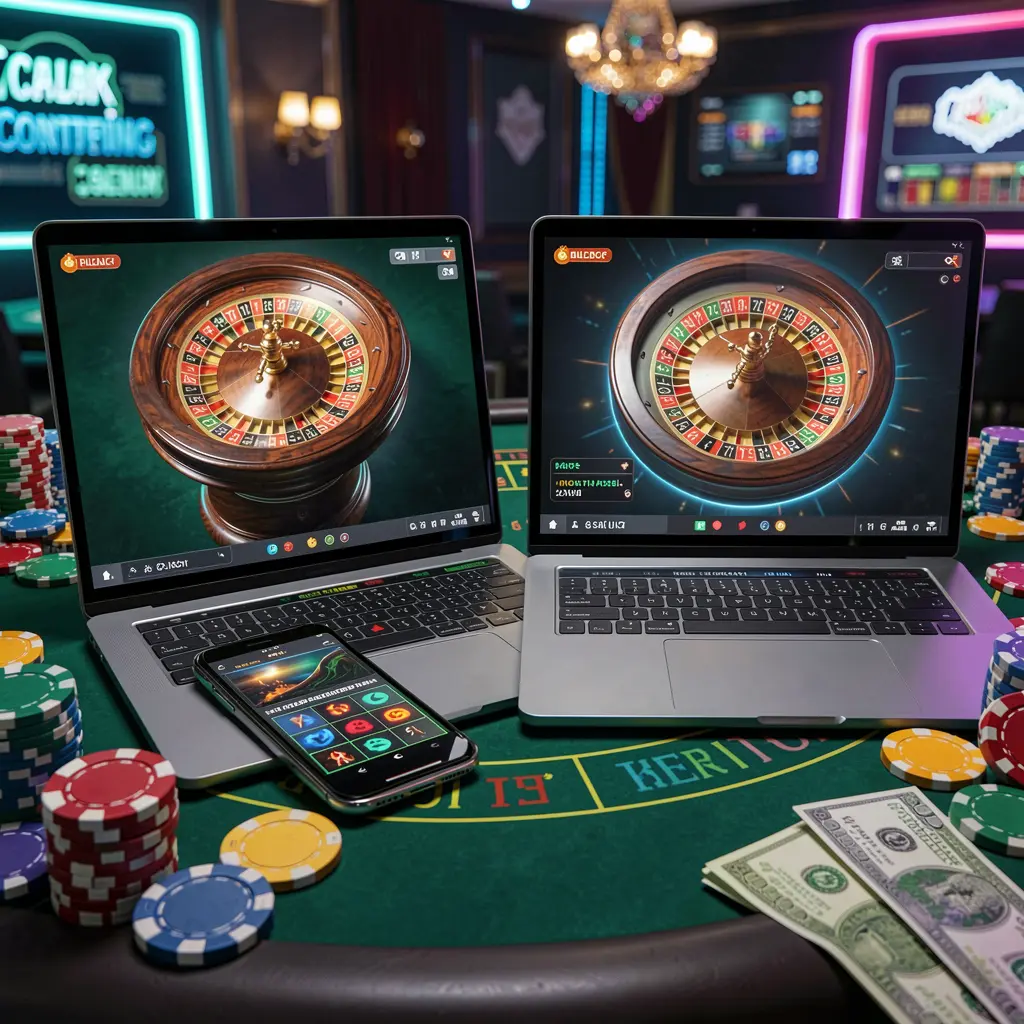 PHZZZ – Enjoy immersive online casino entertainment anytime in the Philippines Modern online casino gameplay on a laptop and smartphone with a glowing roulette wheel and colorful chips representing immersive PHZZZ casino entertainment for players in the Philippines