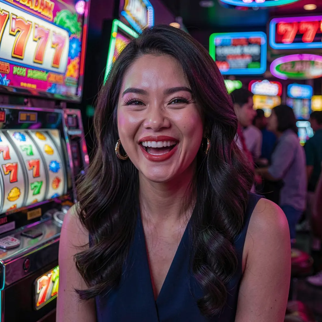 PHZZZ Slots – Enjoy vibrant slot action and big win moments in the Philippines Excited casino player smiling in front of brightly lit slot machines with glowing 777 symbols at PHZZZ casino in the Philippines